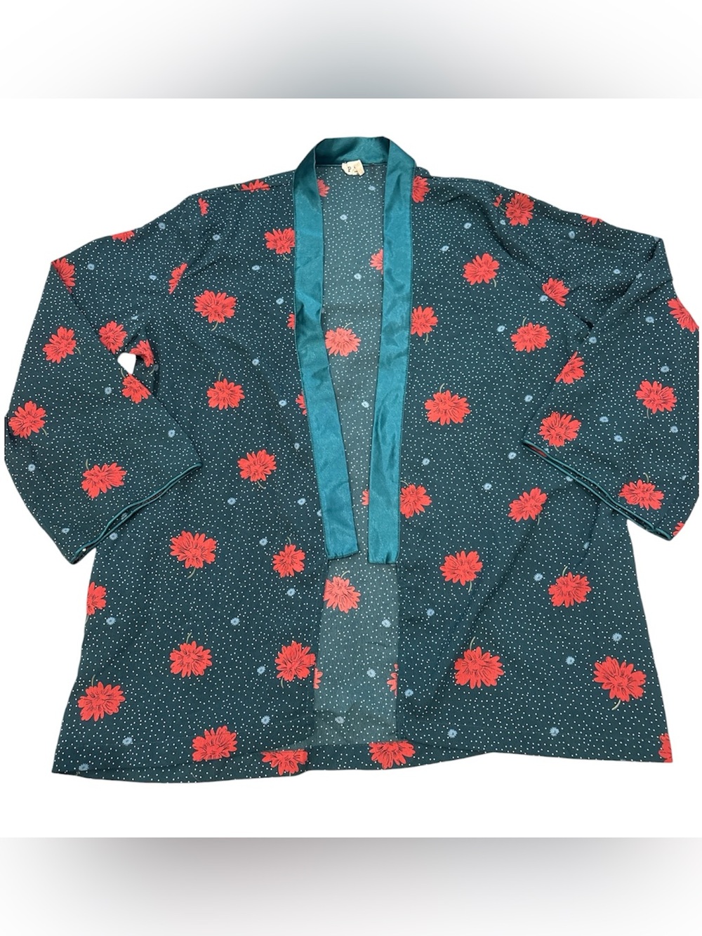 POL Dark Teal Floral Open Front Cardigan with Red Blossoms Size Small